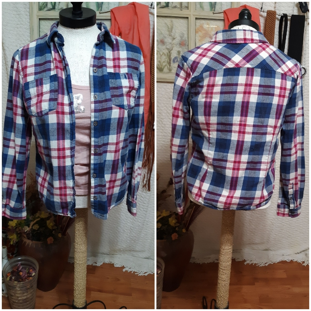 MOSSIMO Plaid Long Sleeve Cotton shirt B13 Sz Sm Med Pink Blue